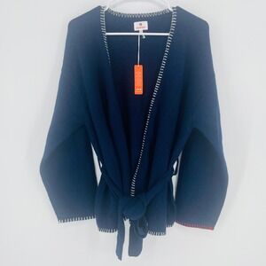 SUNDRY Navy Blue Wool Cashmere Blend Kimono Cardigan Sweater Embroidered Size 1